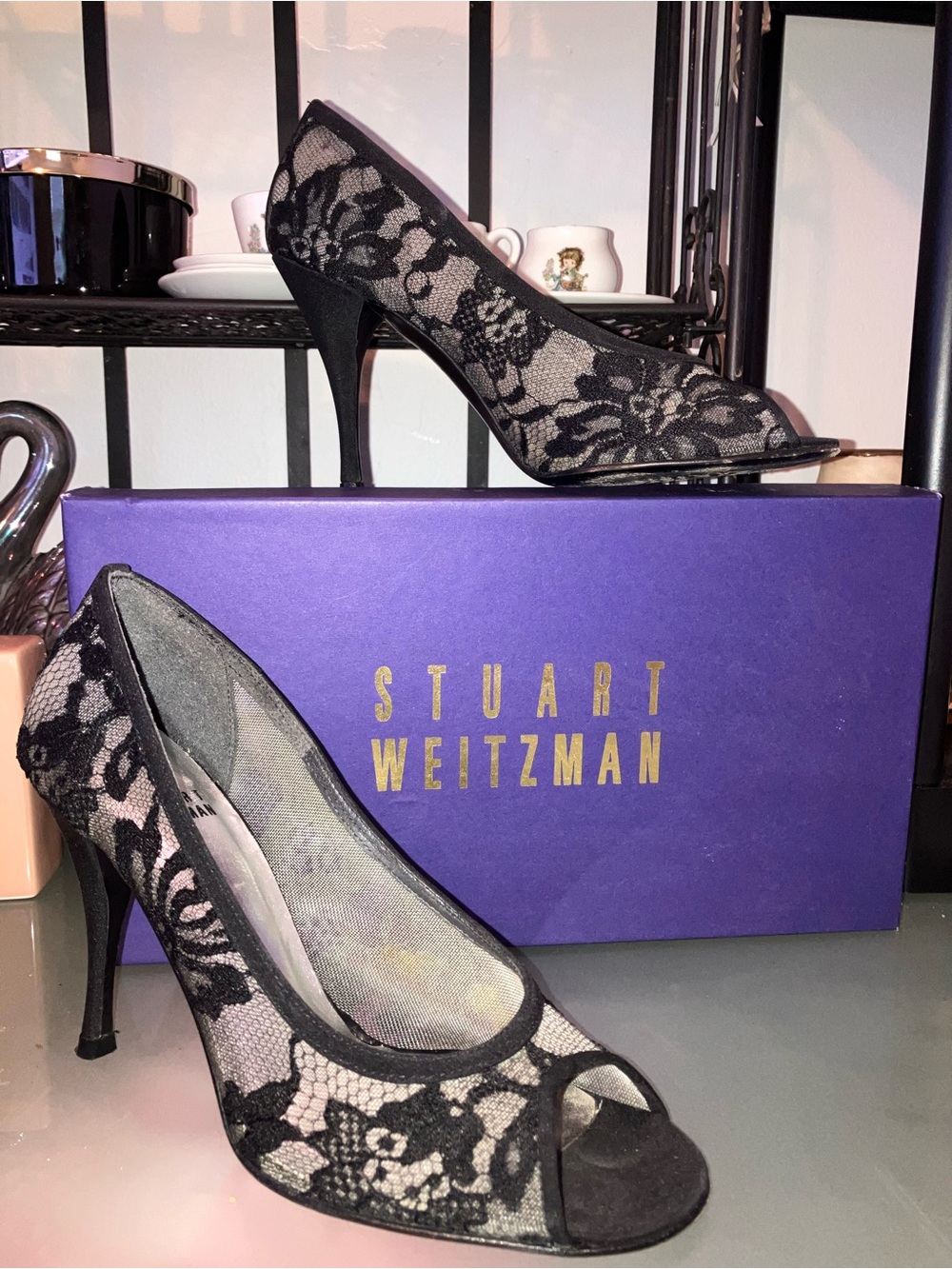 Stuart Weitzman Lingerie Black Guipire Lace Peep-Toe Heels